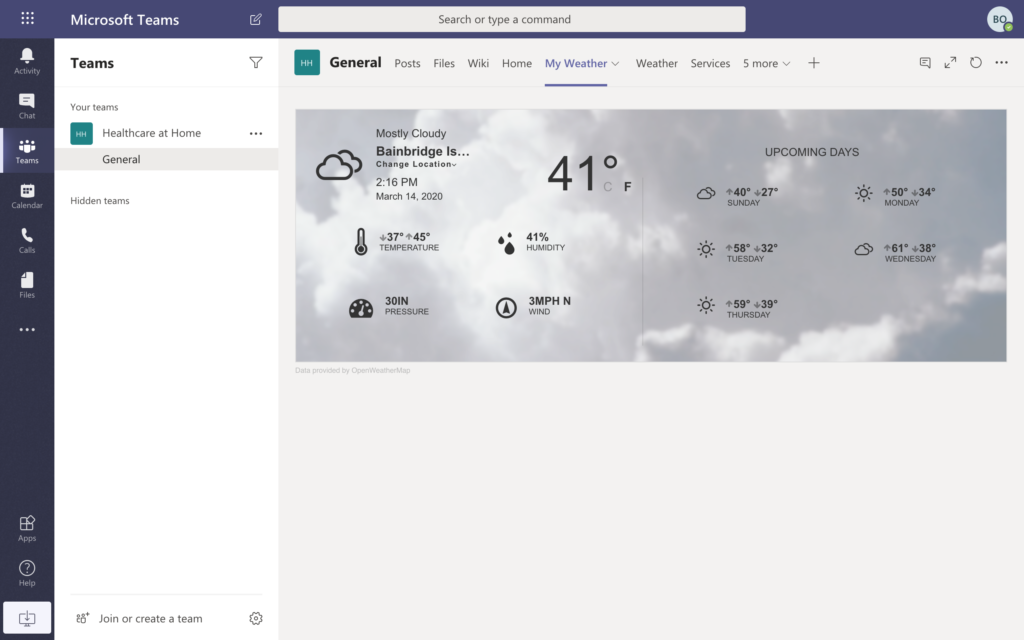 Microsoft Teams screenshot - My weather tab