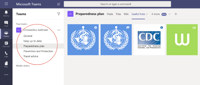 The outbreak preparedness Teams template - screenshot with channels