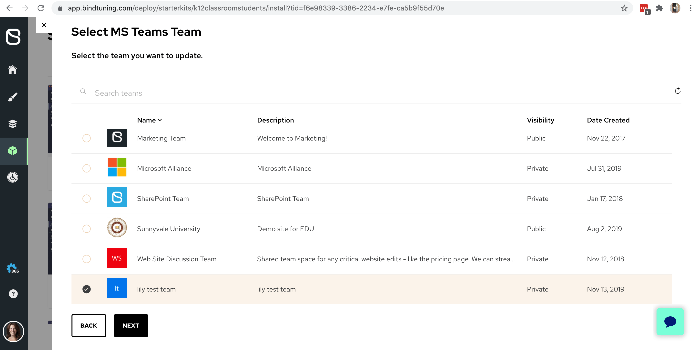 Select existing Microsoft Teams