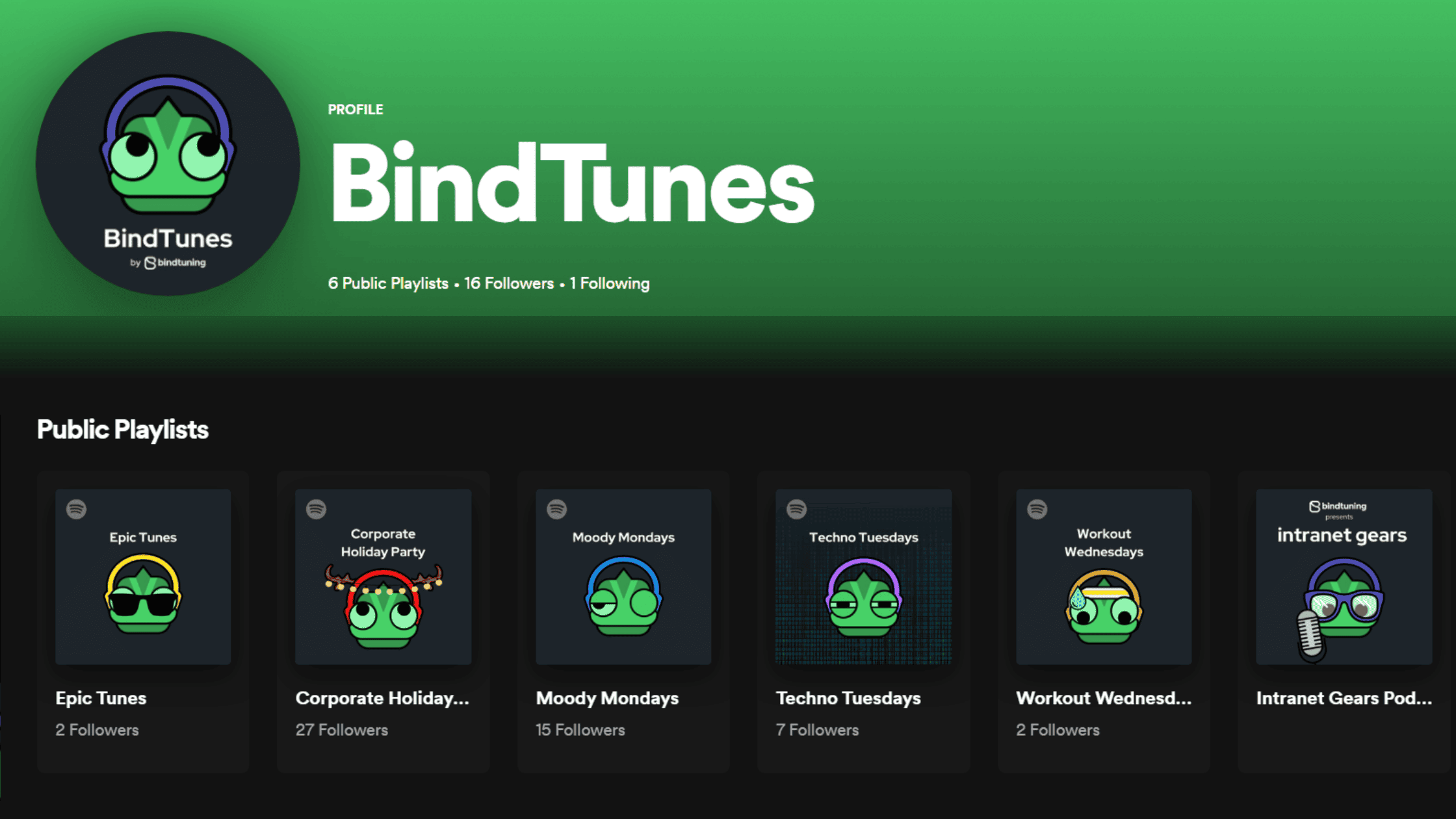 BindTuning Podcast and Spotify channel. BindTuning Playlists with Chameleon Mascotes. Podcast about creating exciting employee experiences