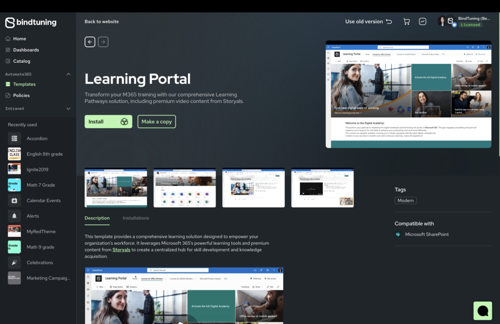 The Learning Portal template details page, detailing how it will drive Microsoft 365 adoption