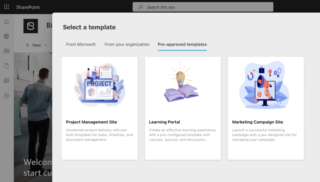 screenshot of the sharepoint site creation experience, now including pre-approved templates