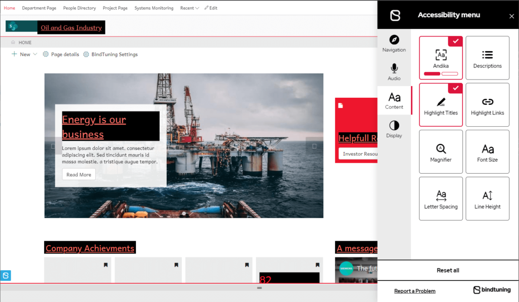 preview of sharepoint site page with titles highlighted by the accessibility tool