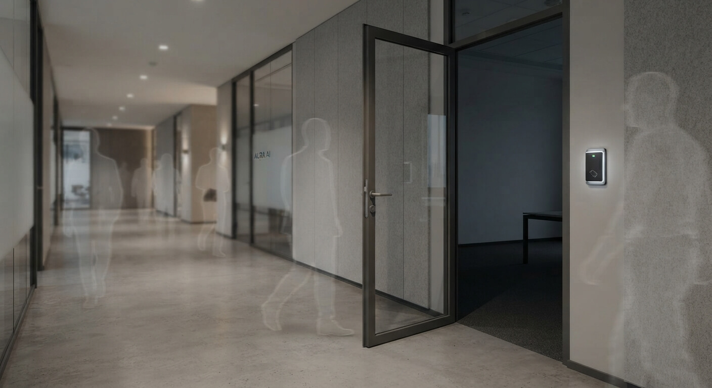 An open office door with a keycard reader beside it, and only faint outlines of people passing by without entering.