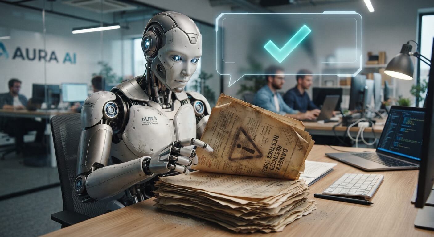 A humanoid AI robot reading a stack of dusty, flagged documents and confidently producing a checkmarked answer.